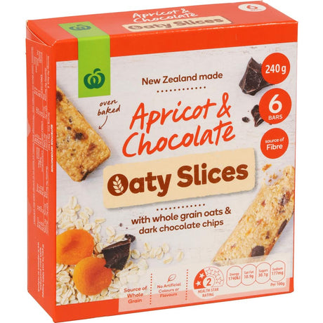 Woolworths Oaty Slices featuring apricot and chocolate, made with whole grains and no artificial additives, perfect for snacks.