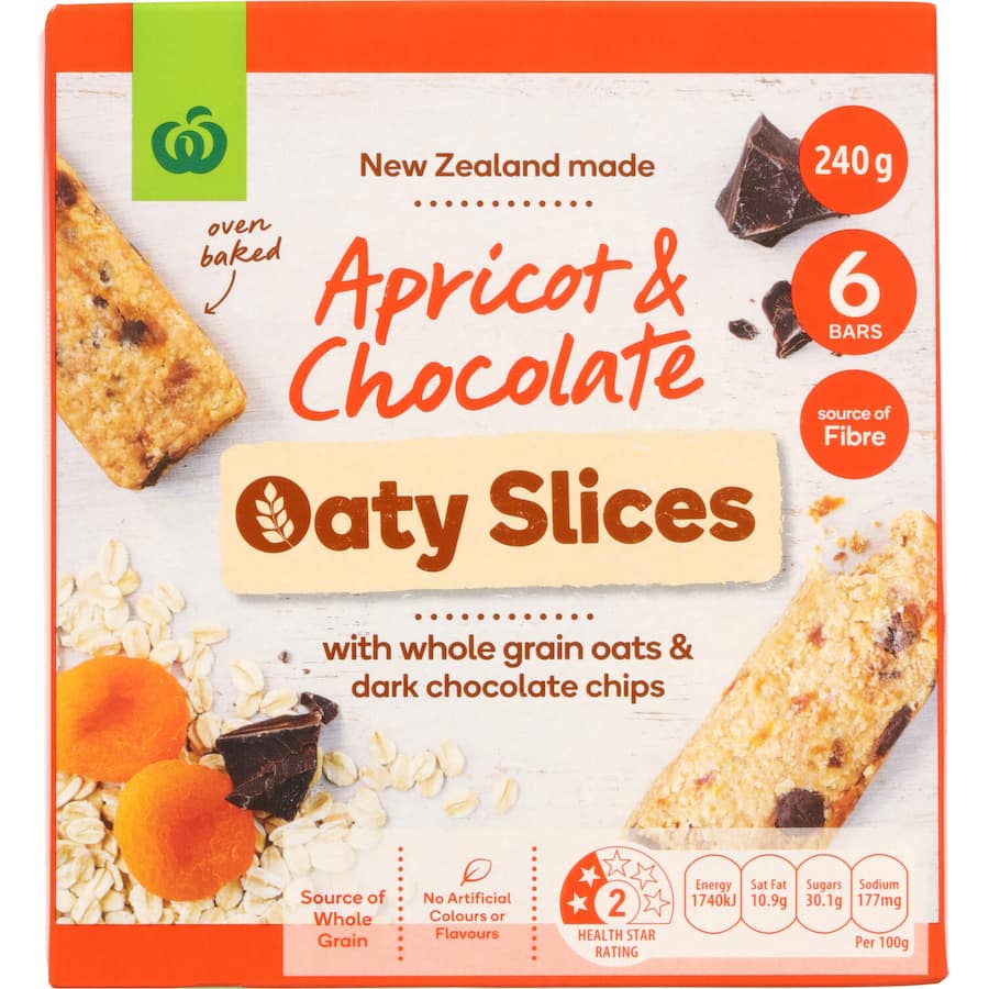 Woolworths Oaty Slices with apricot and chocolate, made from whole grains for a nutritious snack or lunchbox addition.