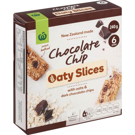 Oven-baked chocolate chip oat bars made with whole grains, perfect for a nutritious snack or lunchbox treat.