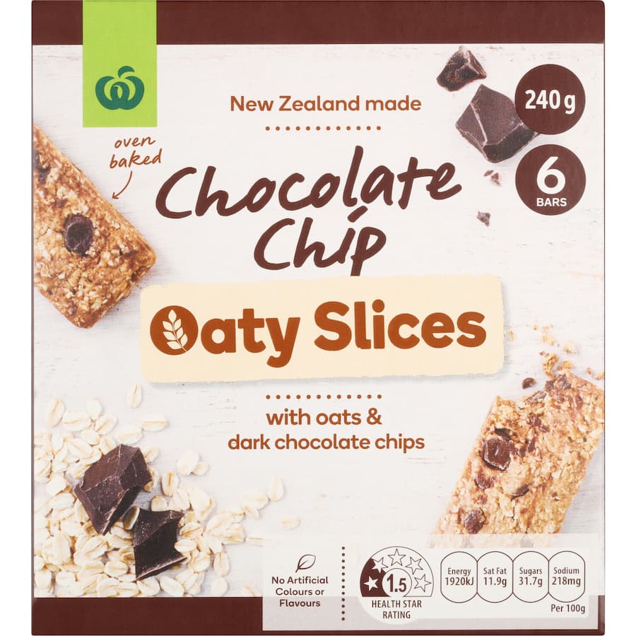 Woolworths Oaty Slices: delicious chocolate chip oat bars made in New Zealand, packed with whole grains and fiber.