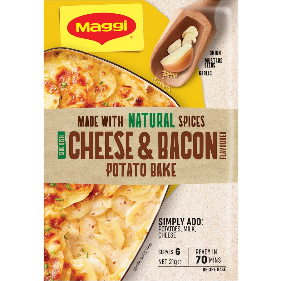 MAGGI Side Dish Potato Bake with Cheese & Bacon, featuring creamy, cheesy potatoes enhanced by natural herbs and spices.