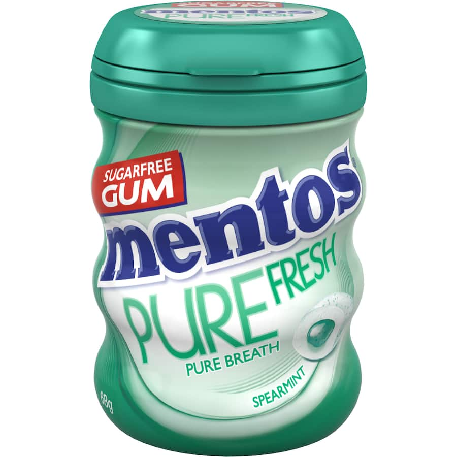 Mentos Pure Fresh Chewing Gum in Spearmint, a convenient bottle for on-the-go freshness and revitalizing taste.