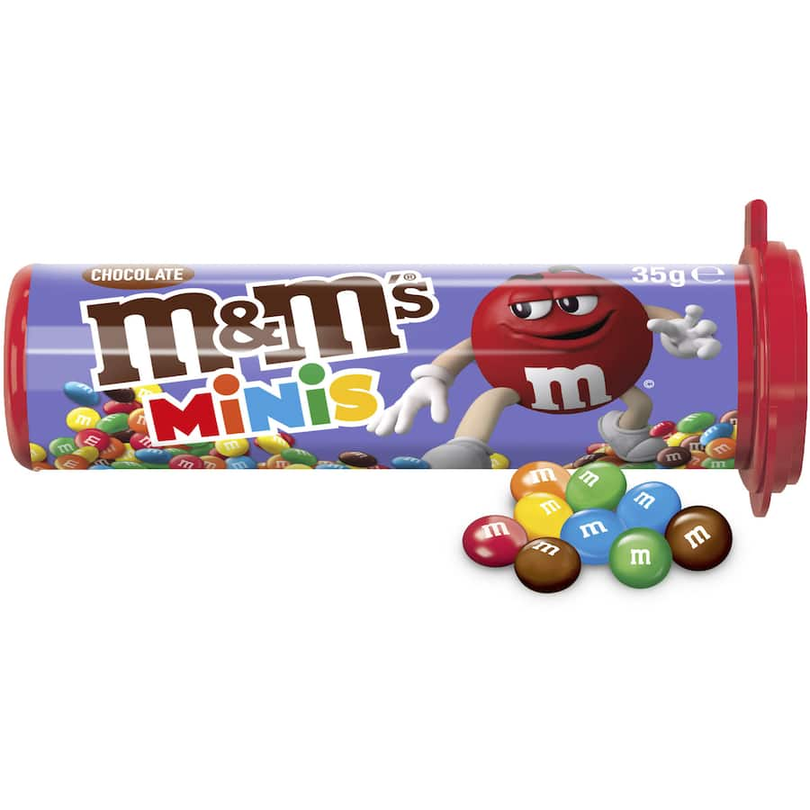 Colorful M&M's Sweets Minis tube filled with bite-sized milk chocolate treats for sharing and snacking fun.