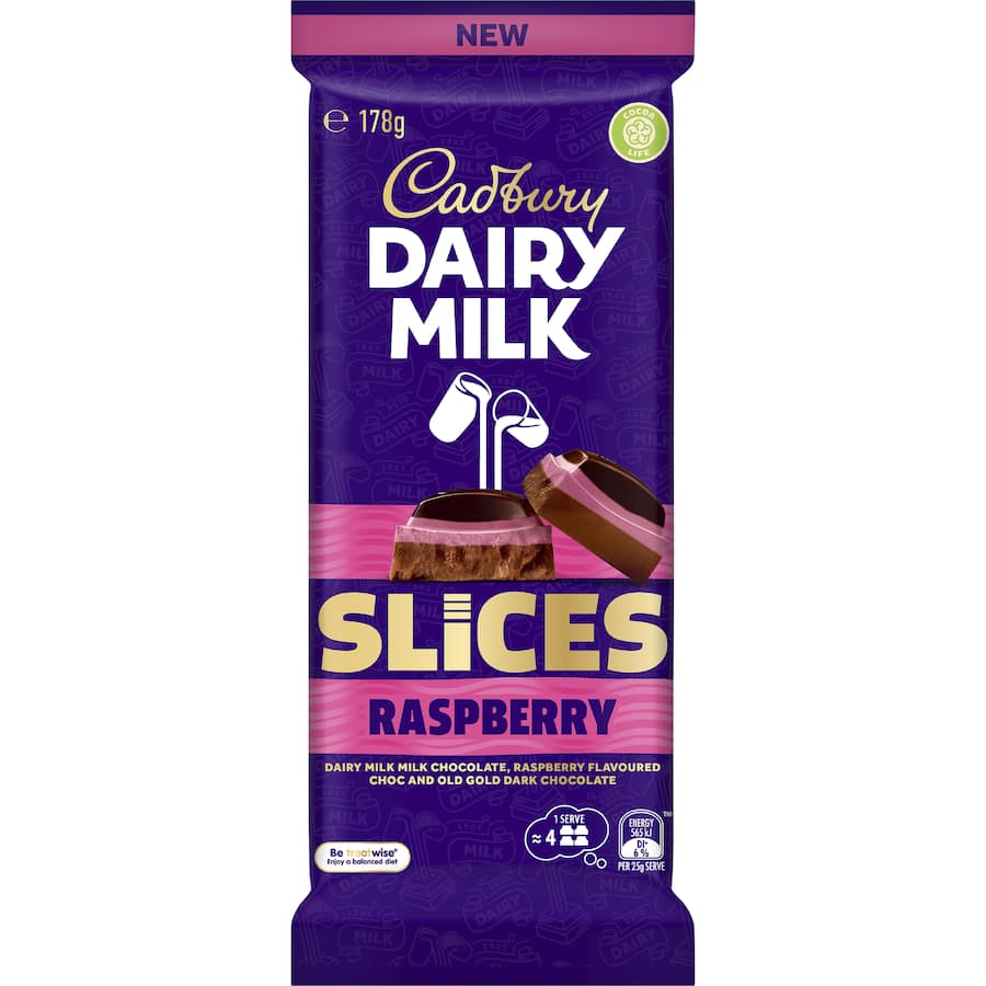 Cadbury Slices Chocolate Raspberry Block featuring creamy Dairy Milk chocolate with raspberry and Old Gold dark chocolate layers.