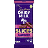 Cadbury Slices Chocolate Raspberry Block featuring creamy Dairy Milk chocolate with raspberry and Old Gold dark chocolate layers.