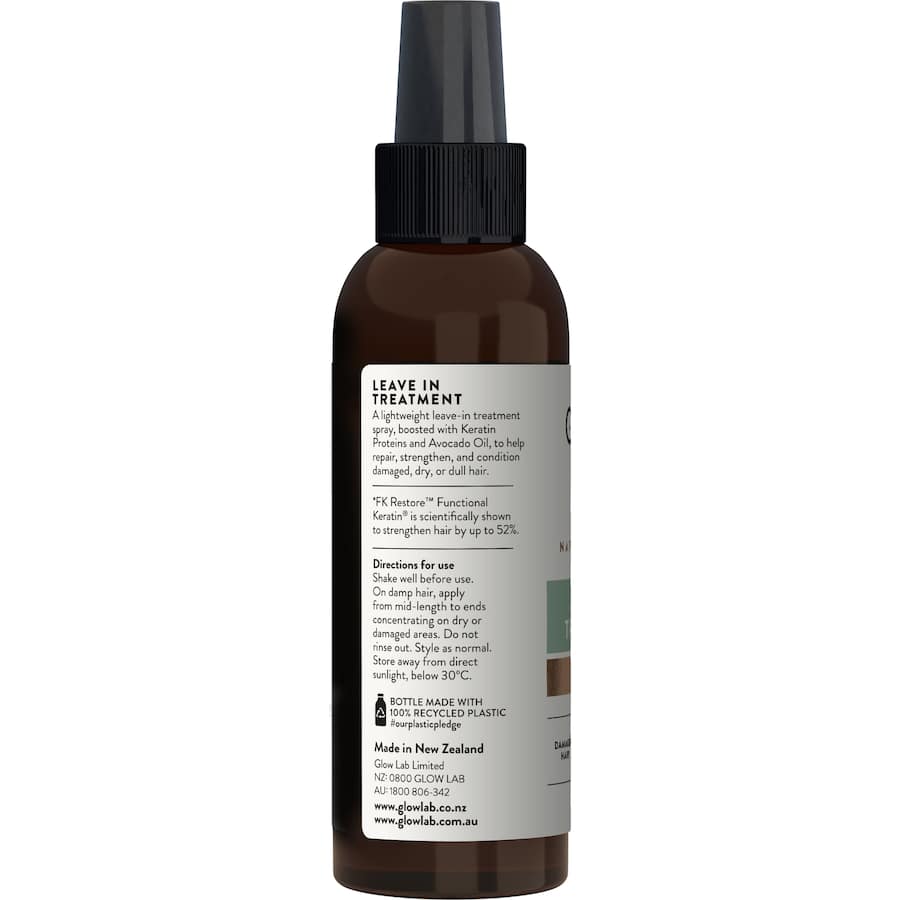 Revitalizing leave-in treatment spray with keratin, avocado oil, and macadamia oil for strong, shiny, and manageable hair.