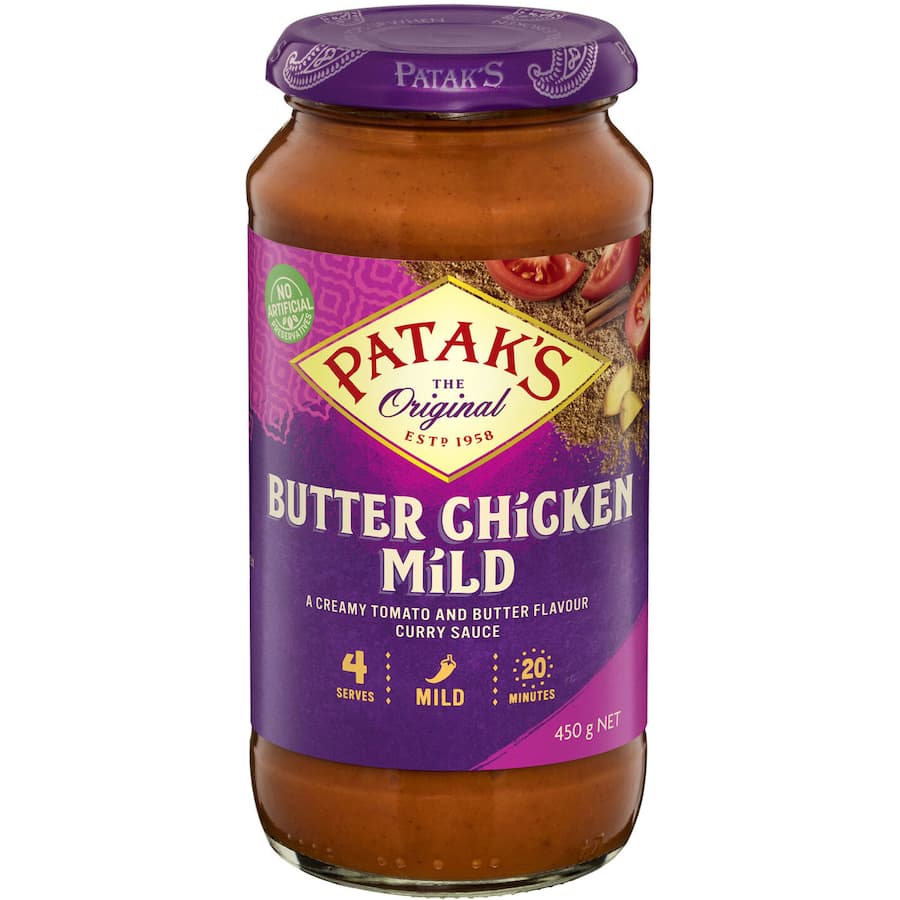 Patak's Simmer Sauce Butter Chicken Mild, a creamy tomato and butter curry sauce with aromatic spices for easy meal prep.