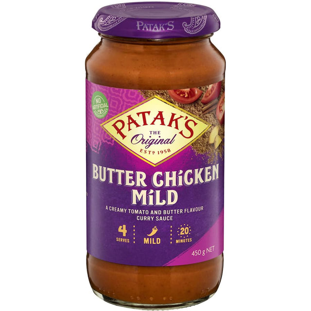 Patak's Simmer Sauce Butter Chicken Mild, a creamy tomato and butter curry sauce with aromatic spices for easy meal prep.