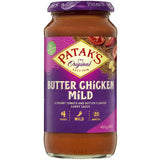 Patak's Simmer Sauce Butter Chicken Mild in a jar, featuring creamy tomato, butter, and aromatic spices for easy meal prep.