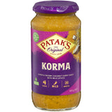 A jar of Patak's Korma Simmer Sauce, showcasing rich coconut and aromatic spices for a mild curry experience.