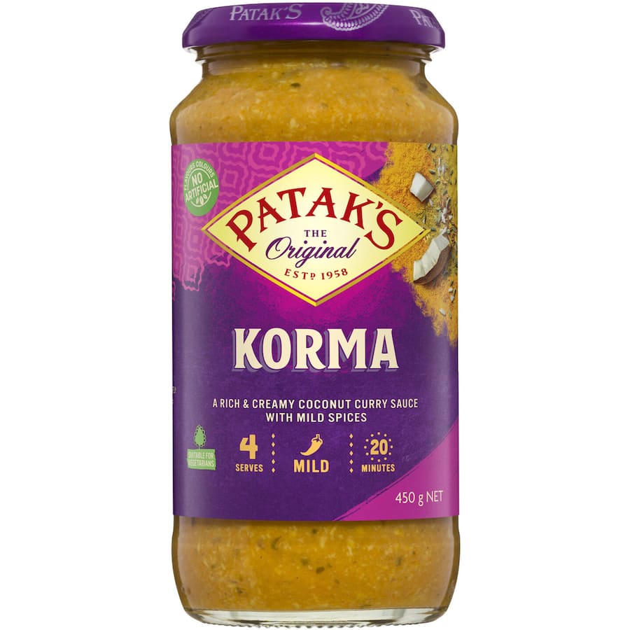 A jar of Patak's Korma Simmer Sauce featuring rich coconut and aromatic spices for a mild, creamy curry experience.