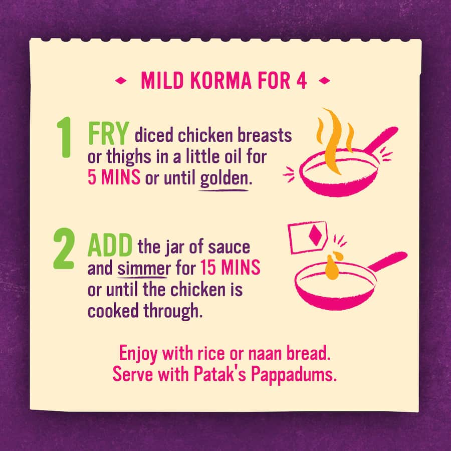 Patak's Korma Simmer Sauce in a jar, featuring a rich and creamy coconut curry with aromatic spices, ideal for mild curry lovers.