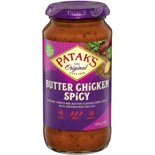 Patak's spicy butter chicken simmer sauce, featuring creamy tomato and aromatic spices for a quick, flavorful Indian meal.