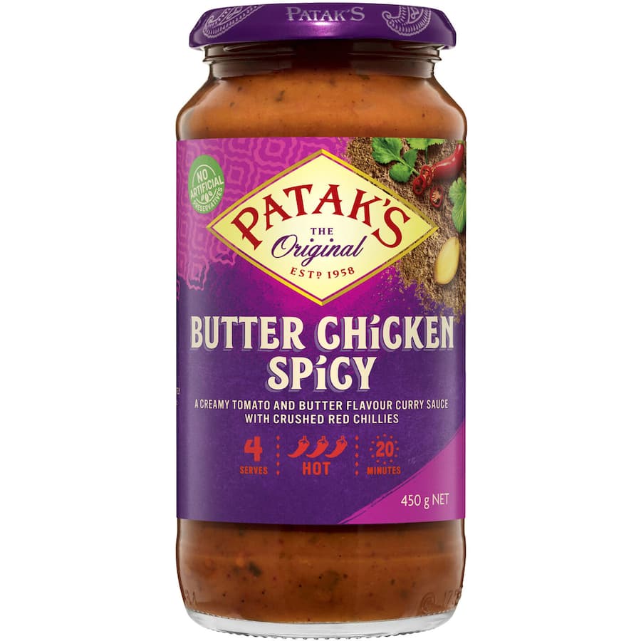 Patak's Spicy Butter Chicken Sauce jar showcasing creamy tomato blend and aromatic spices for quick and flavorful Indian meals.