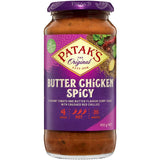 Patak's Spicy Butter Chicken Sauce jar showcasing creamy tomato blend and aromatic spices for quick and flavorful Indian meals.