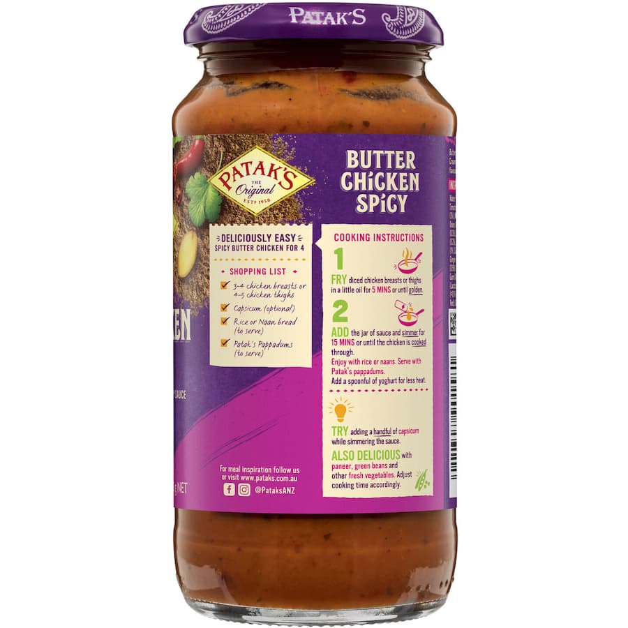 Patak's Spicy Butter Chicken Sauce in a glass jar, showcasing a creamy tomato curry blend with aromatic spices for easy meals.