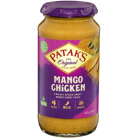 Patak's Mango Chicken Simmer Sauce, a creamy curry with mango and spices for an easy, flavorful meal in just 20 minutes.