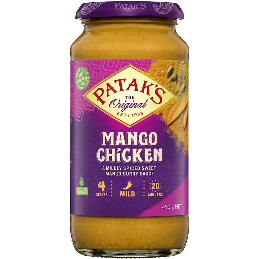 Bottle of Patak's Mango Chicken Simmer Sauce showcasing a creamy, tropical blend of mangoes and spices for easy home cooking.