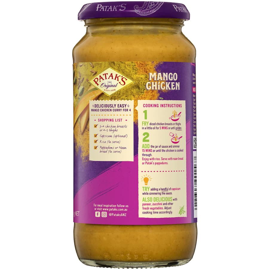 Mild and creamy Patak's Mango Chicken Simmer Sauce, ideal for a quick, flavorful Indian meal featuring mango and spices.