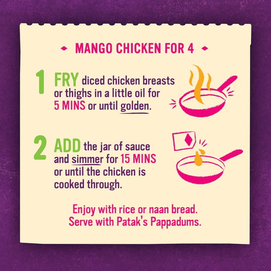 Patak's Mango Chicken Simmer Sauce, creamy and mild, blends tropical mango flavors with spices for a quick, authentic curry.