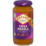 Patak's Tikka Masala Simmer Sauce in a jar, featuring rich tomato flavor and aromatic spices for easy, authentic Indian meals.