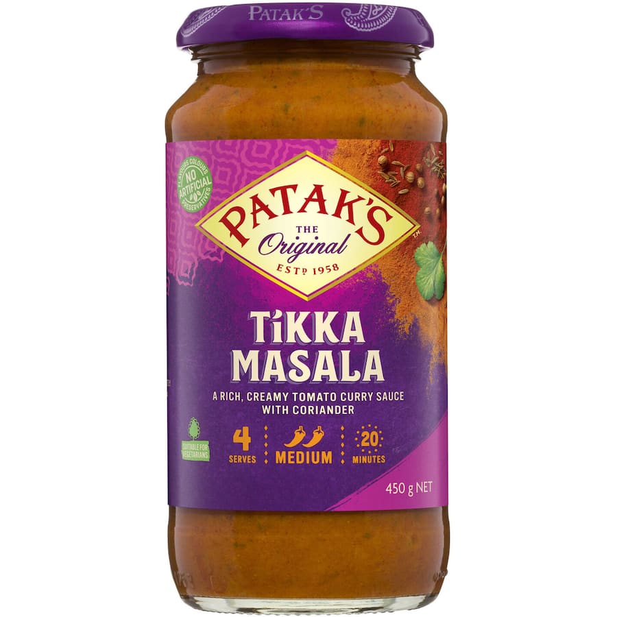 Patak's Tikka Masala Simmer Sauce: rich, creamy tomato curry with aromatic spices for easy, authentic Indian meals.