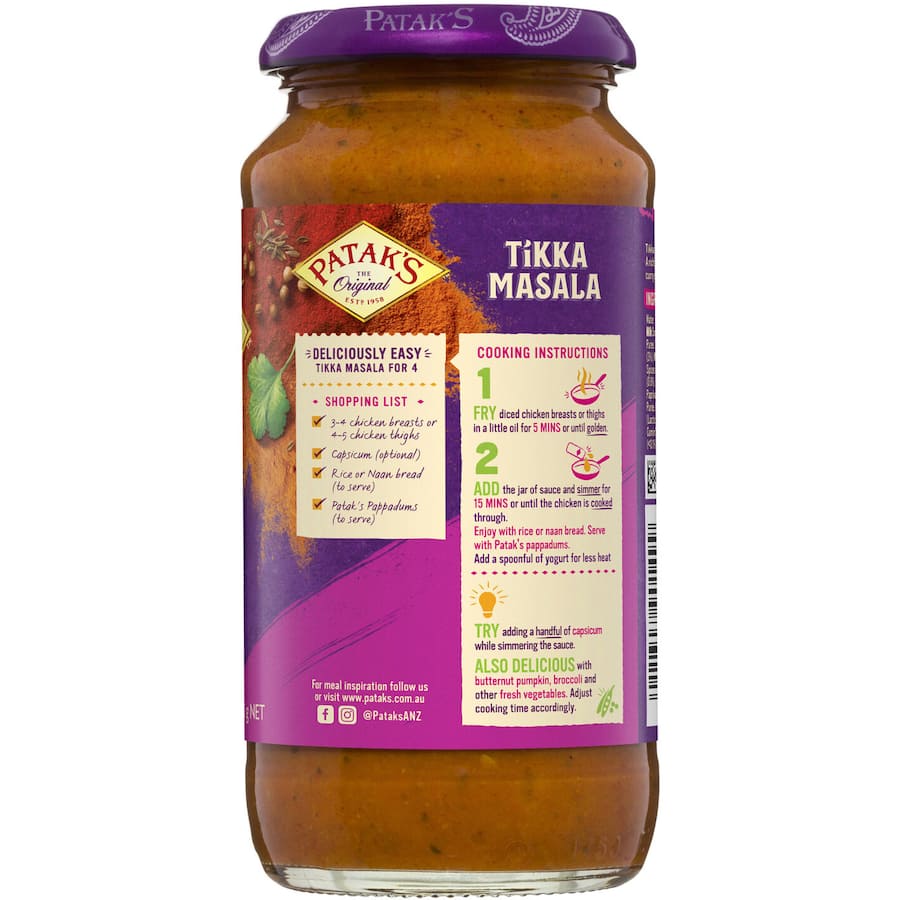 Patak's Tikka Masala Simmer Sauce in a jar, rich and creamy with traditional Indian flavors for quick, authentic meals.