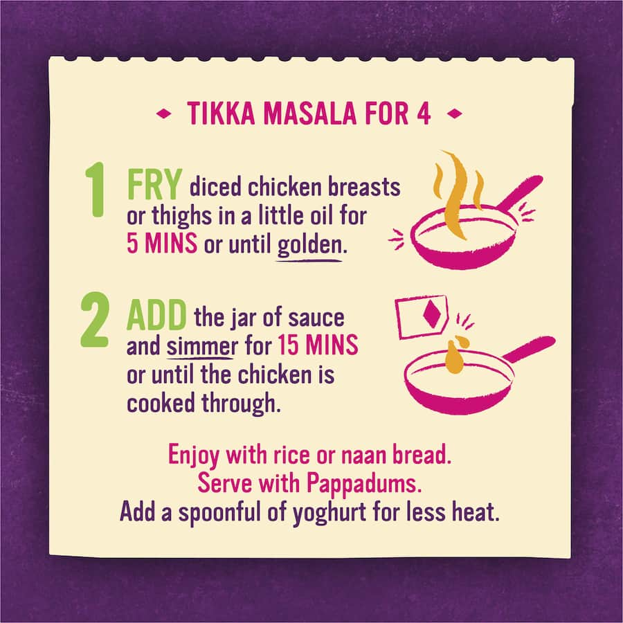 Patak's Tikka Masala Simmer Sauce jar features rich, creamy tomato curry with aromatic spices, perfect for quick Indian meals.