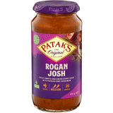 Jar of Patak's Rogan Josh Simmer Sauce, featuring a rich, aromatic blend of spices for medium-heat curry dishes.