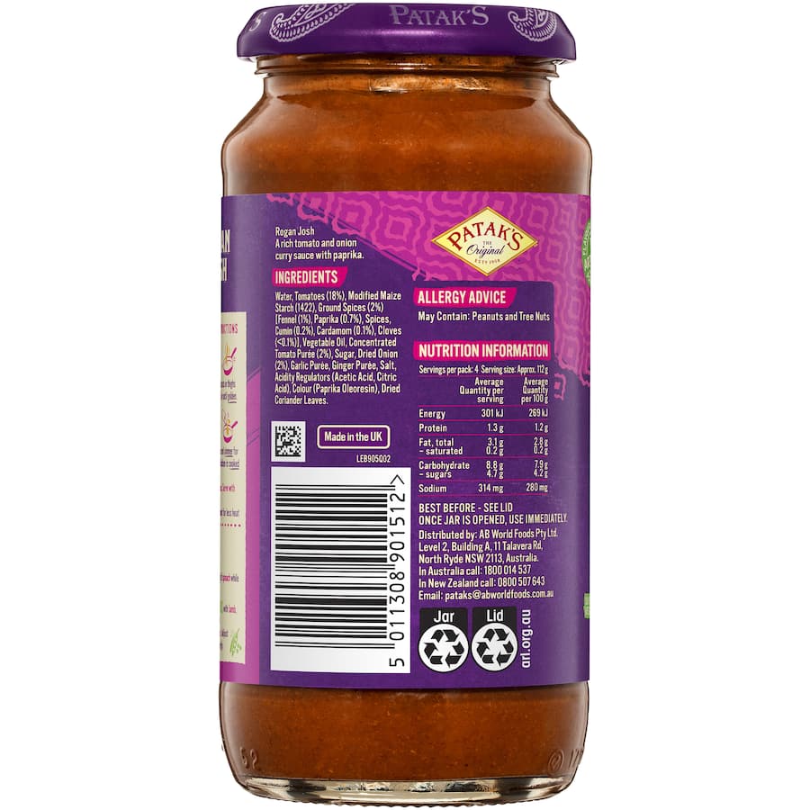 Patak's Rogan Josh Simmer Sauce in a recyclable jar, offering rich tomato and onion flavors for quick, delicious curries.