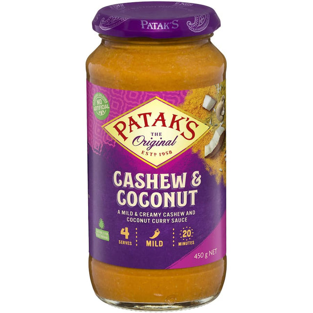 Pataks Cashew & Coconut Simmer Sauce in a jar, featuring a creamy blend of coconut and cashew for a mild curry experience.