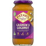 Pataks Cashew & Coconut Simmer Sauce jar showcasing creamy curry blend with coconut and cashew for quick, tasty meals.