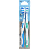 "All Smiles Toothbrush Soft 2 pack features multi-level bristles, gentle cleaning, and a built-in tongue cleaner for fresh breath."