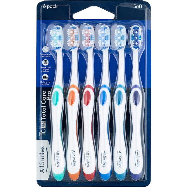 Soft-bristled toothbrush with multi-level bristles, rubber polishers, and a cheek/tongue cleaner in a 6-pack for gentle oral care.