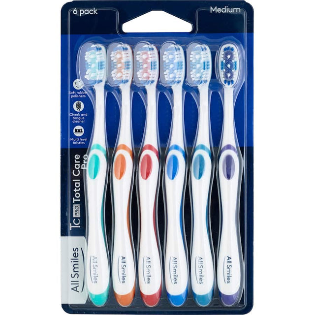 All Smiles Total Care Pro Toothbrush Medium 6pk, ergonomic with medium bristles for effective cleaning and oral hygiene.