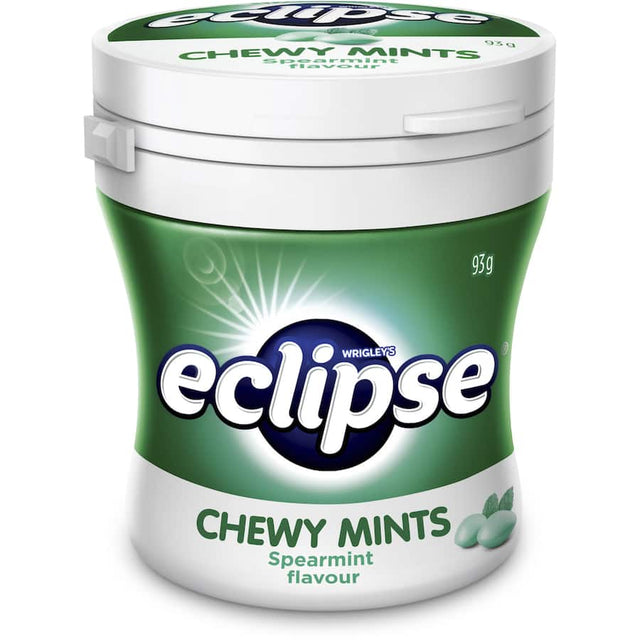 Eclipse Chewy Mints Spearmint bottle, 93g, offers refreshing minty flavor for fresh breath anytime, ideal for home, office, or travel.