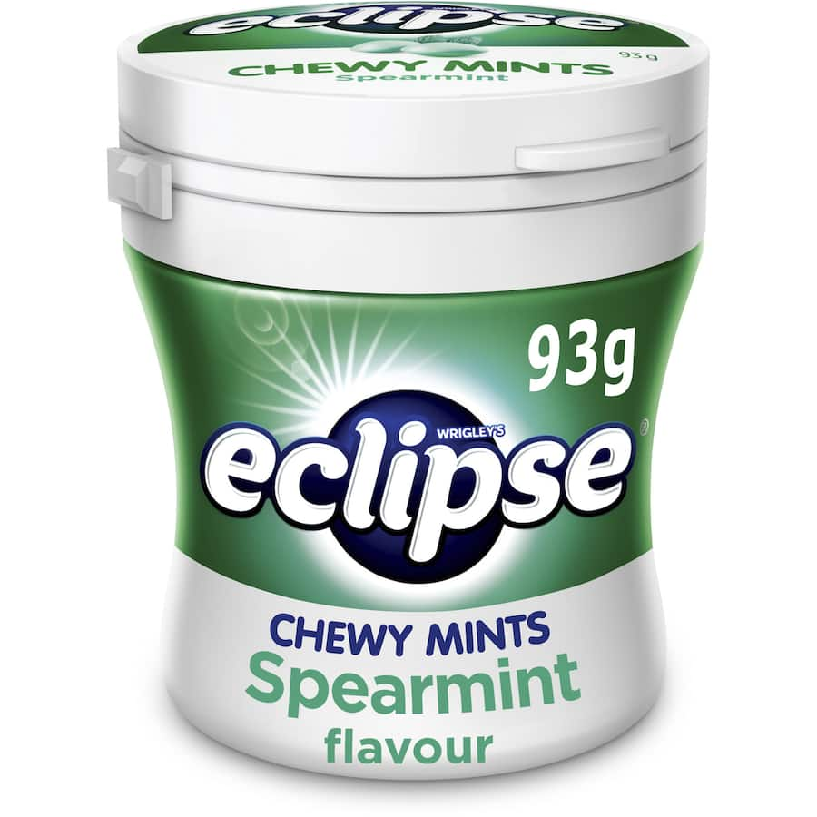 Eclipse Chewy Mints Spearmint in a 93g bottle, offering refreshing spearmint flavor for fresh breath anytime, anywhere.