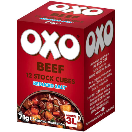 Oxo Beef Stock Reduced Salt Cubes 71g for flavorful cooking with low sodium, ideal for soups, stews, and sauces.