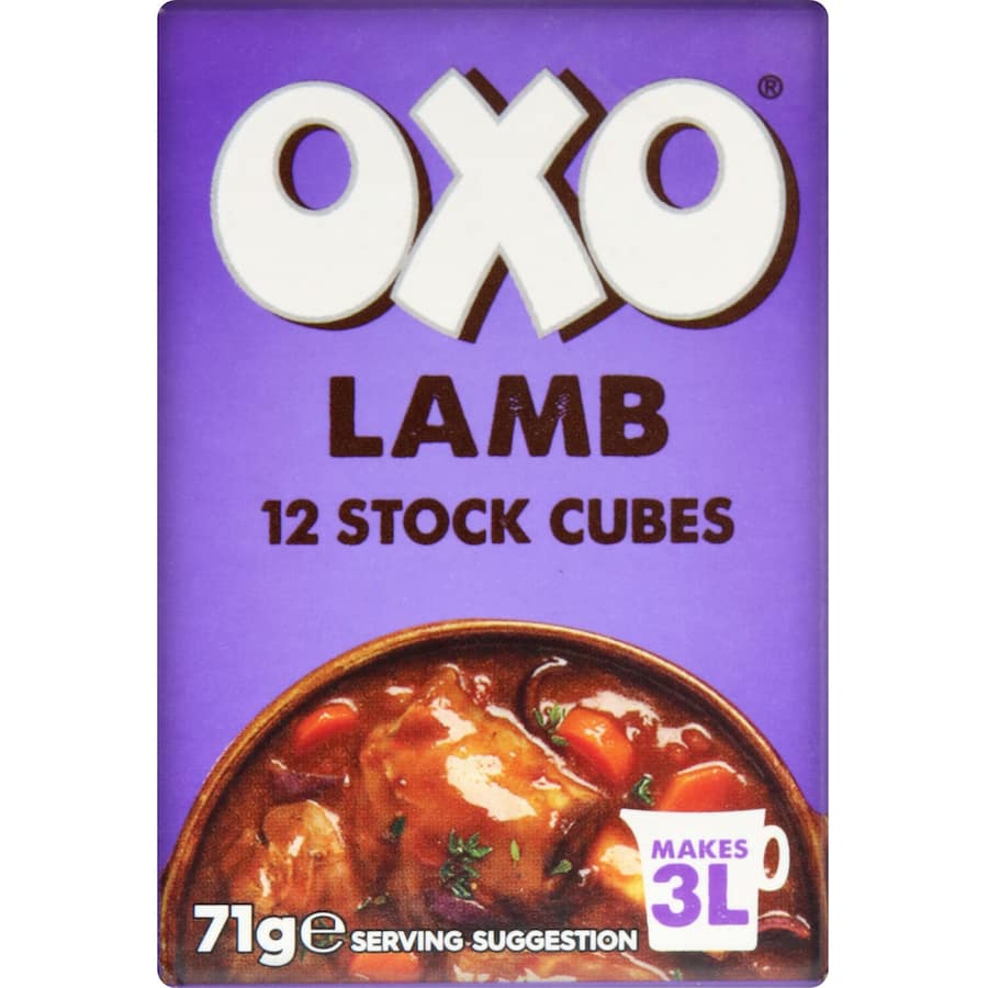 Oxo Lamb Stock Cubes 71g, rich lamb flavor for soups, stews, and roasts, enhancing meals with aromatic goodness.