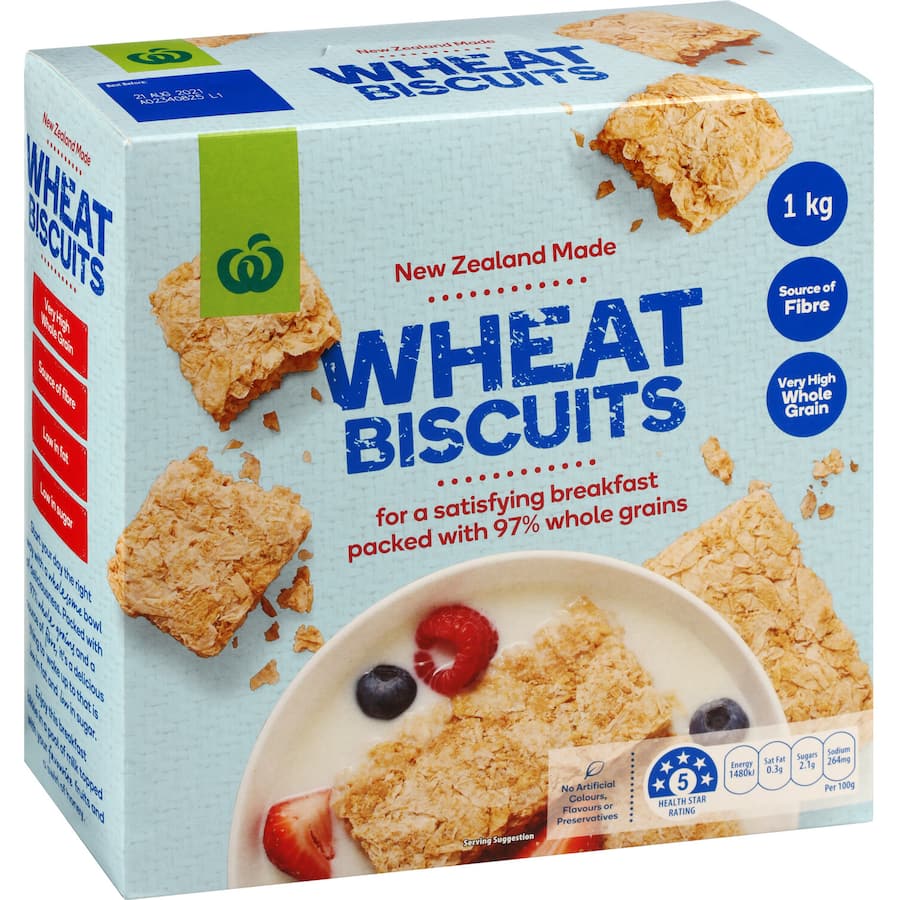 Woolworths Cereal Wheat Biscuits in a 1kg pack, rich in 97% whole grains, high in fiber, low in sugar and fat.