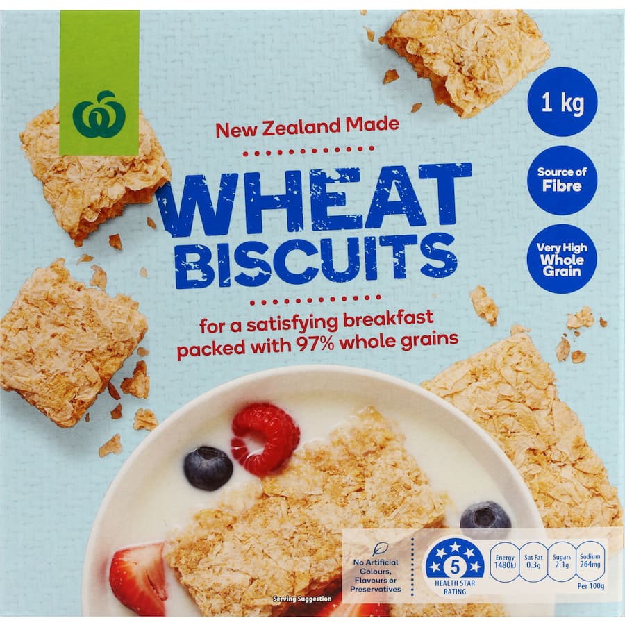 Woolworths Cereal Wheat Biscuits: 1kg pack of nutritious whole grain cereal, high in fiber, low in sugar and fat.