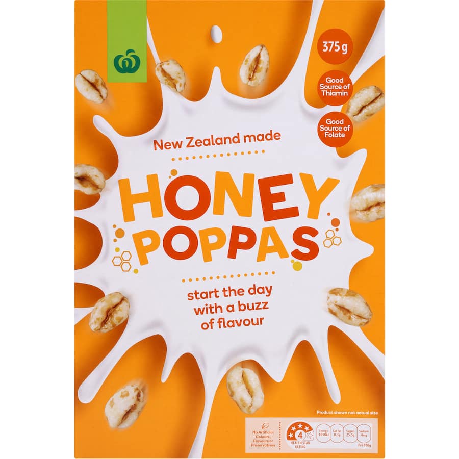 A box of Woolworths Cereal Honey Poppas with crispy honey-coated puffs for a nutritious, delicious breakfast option.