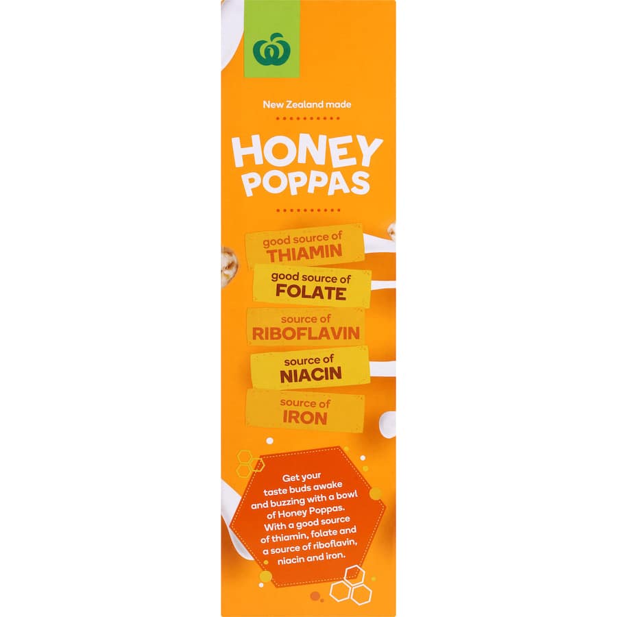 Bowl of Woolworths Honey Poppas cereal, showcasing crispy, honey-coated puffs, healthy nutrients, and no artificial additives.