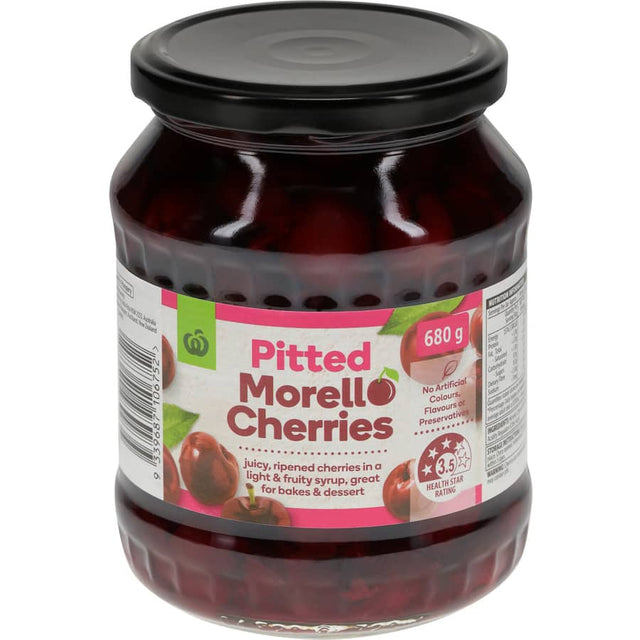 Luscious Woolworths Morello Cherries in syrup, perfect for desserts and baking, offering rich flavor without preservatives.