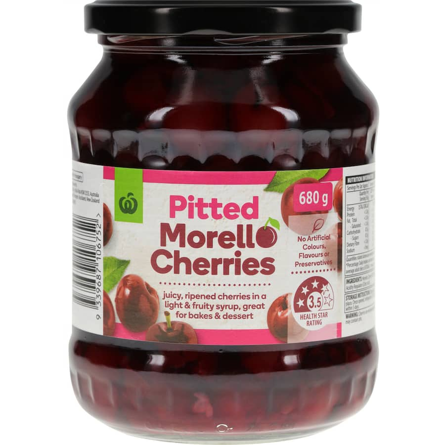 Woolworths Morello Cherries in syrup, vibrant and juicy, perfect for baking and desserts. 680g pantry staple, no artificial ingredients.