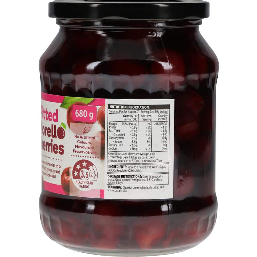 Woolworths Morello Cherries in syrup, perfect for baking, desserts, and adding vibrant flavor to dishes.