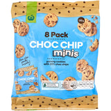 Woolworths Mini Choc Chip Biscuits: bite-sized cookies with 20% choc chips in 8 fun packs, free from artificial additives.