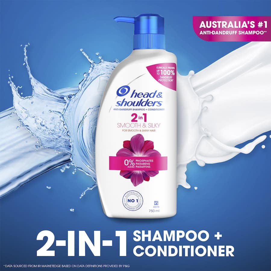 Head & Shoulders 2 In 1 Smooth & Silky shampoo and conditioner, providing dandruff relief and nourishing smoothness.