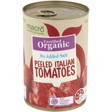 Organic peeled tomatoes in a can, perfect for Italian cooking with no added salt, from Macro at Smartfox NZ.