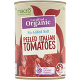 Macro Organic Peeled Tomatoes in a can, showcasing organic, peeled tomatoes for rich Italian-inspired dishes.